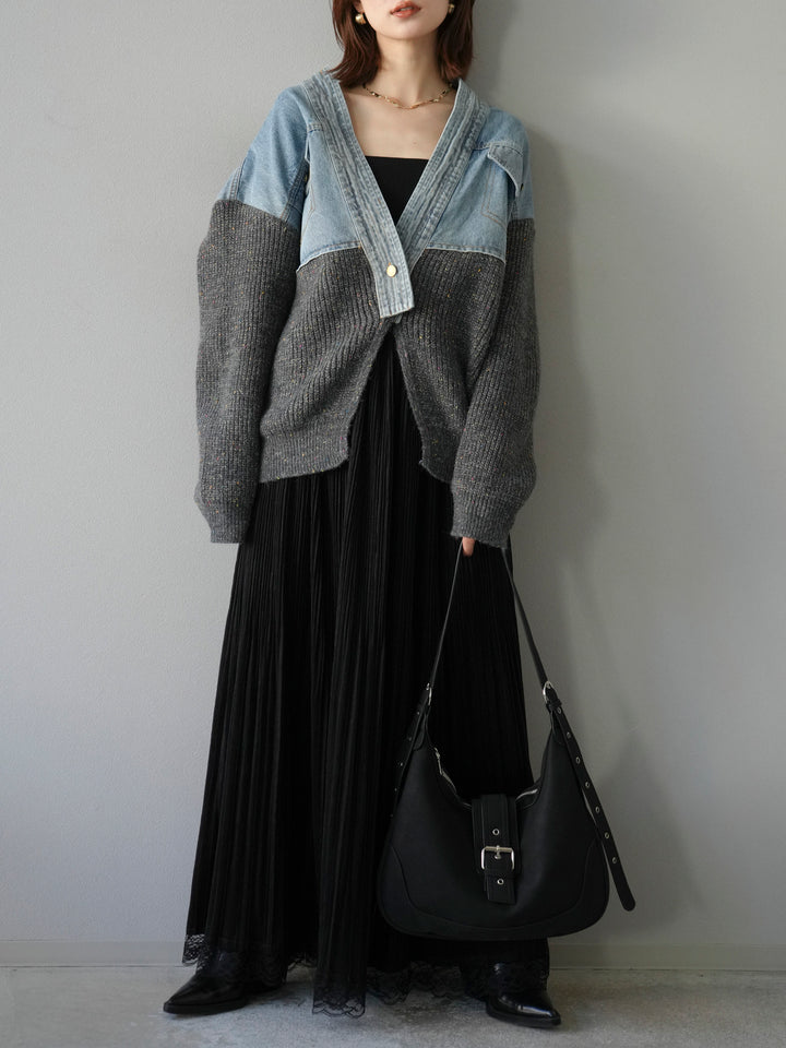 [SET]デニム切替ネップニットカーディガン+裾レーススウェードプリーツマキシスカート(2set)