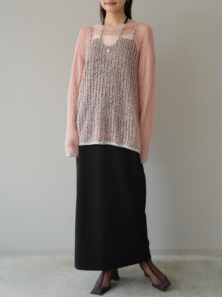【預購】金銀絲拼色鏤空針織套頭衫/粉紅色