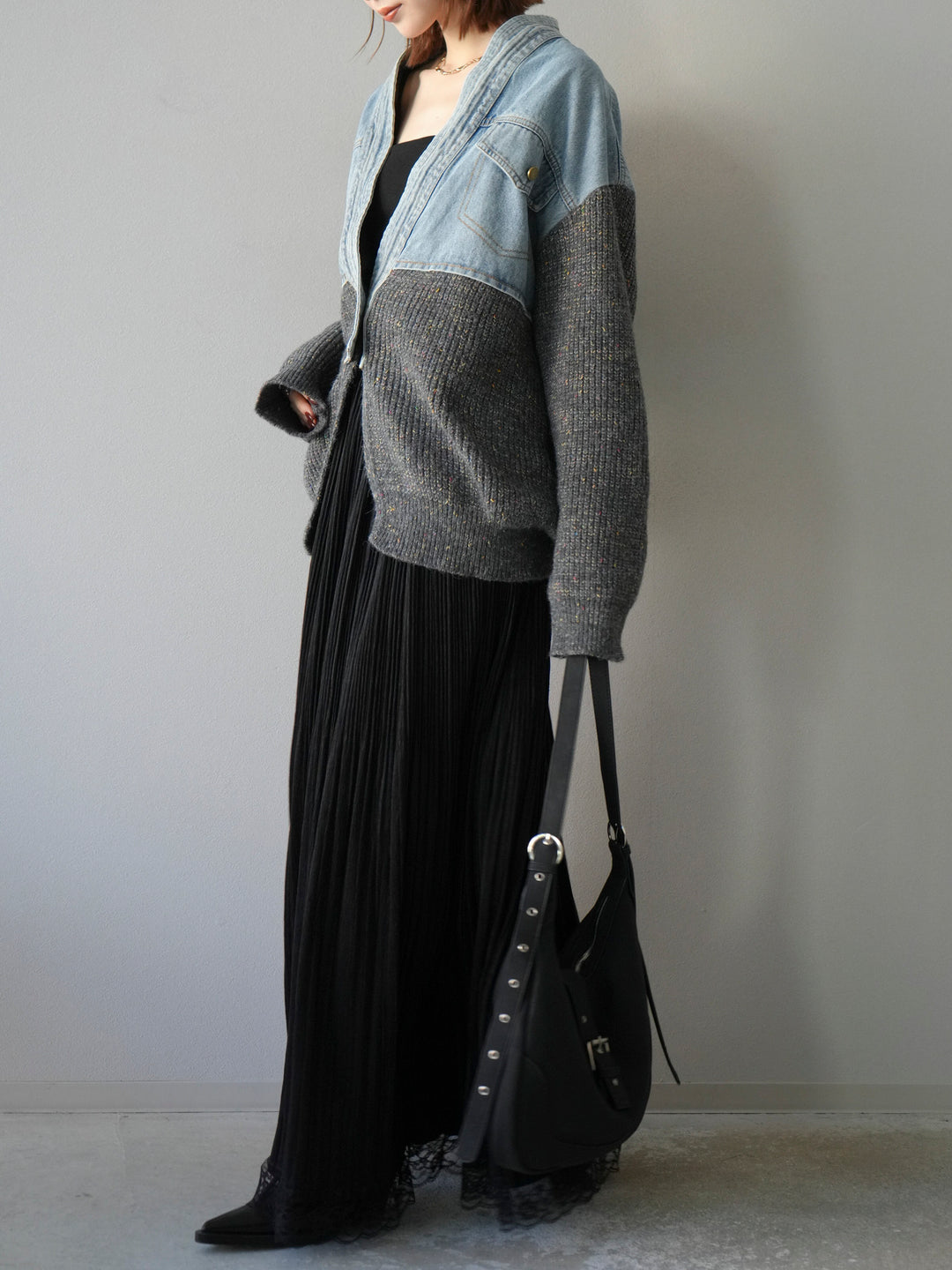 [SET]デニム切替ネップニットカーディガン+裾レーススウェードプリーツマキシスカート(2set)