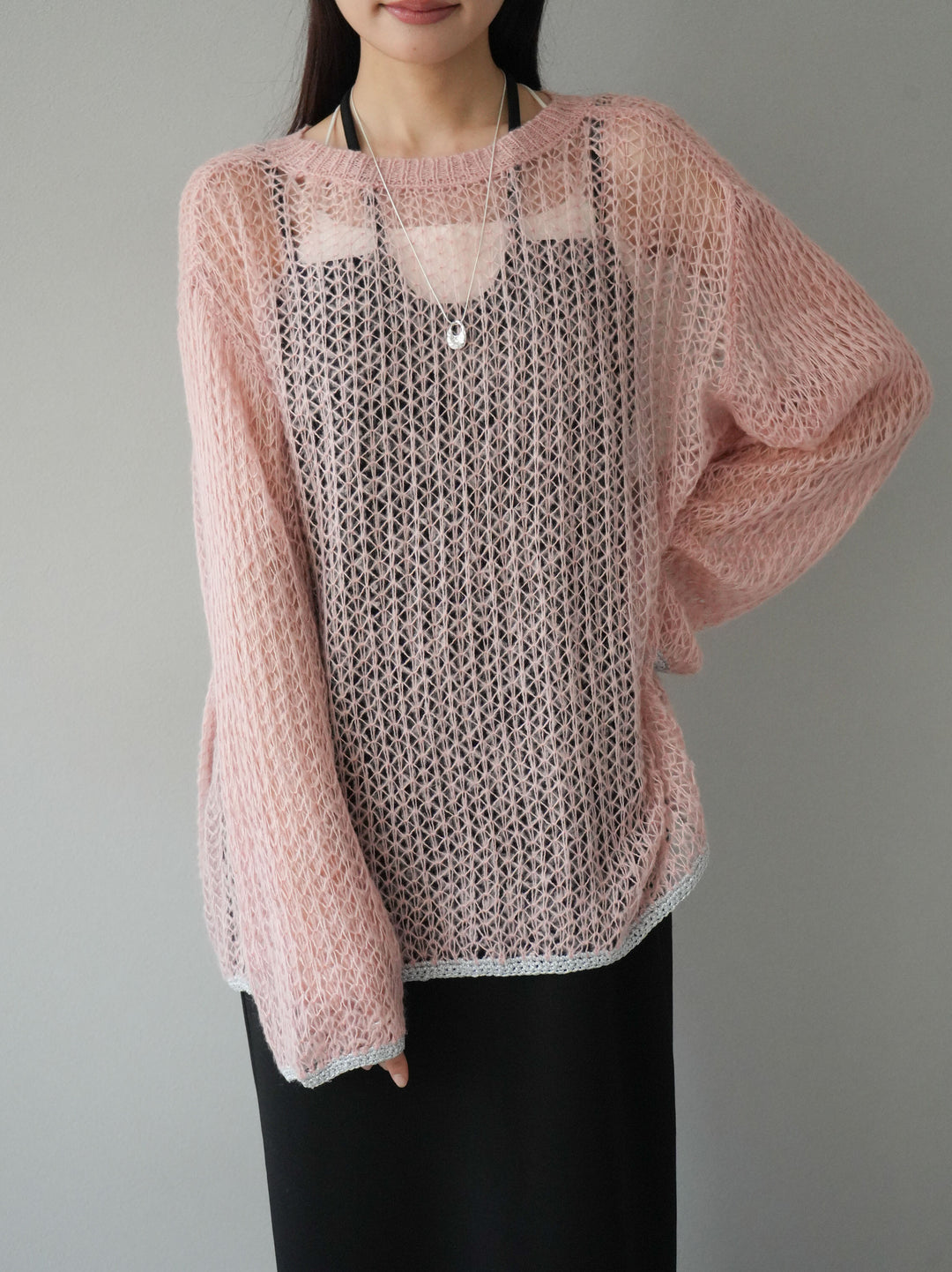 【預購】金銀絲拼色鏤空針織套頭衫/粉紅色