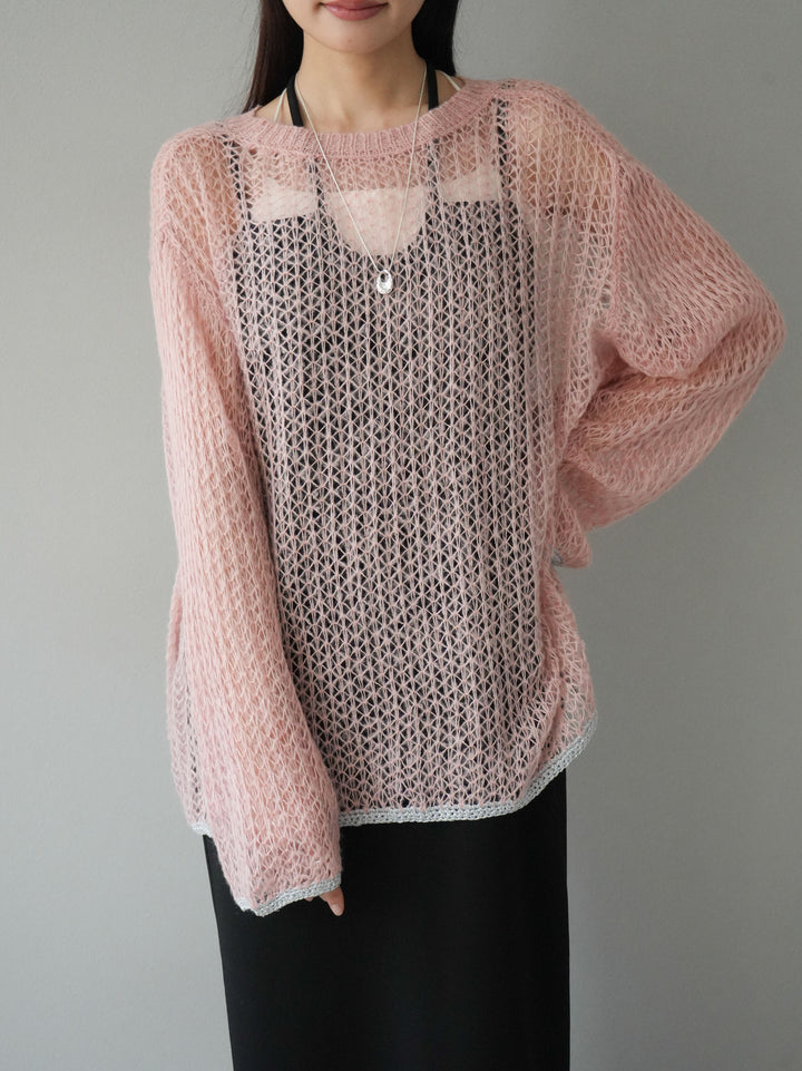【預購】金銀絲拼色鏤空針織套頭衫/粉紅色