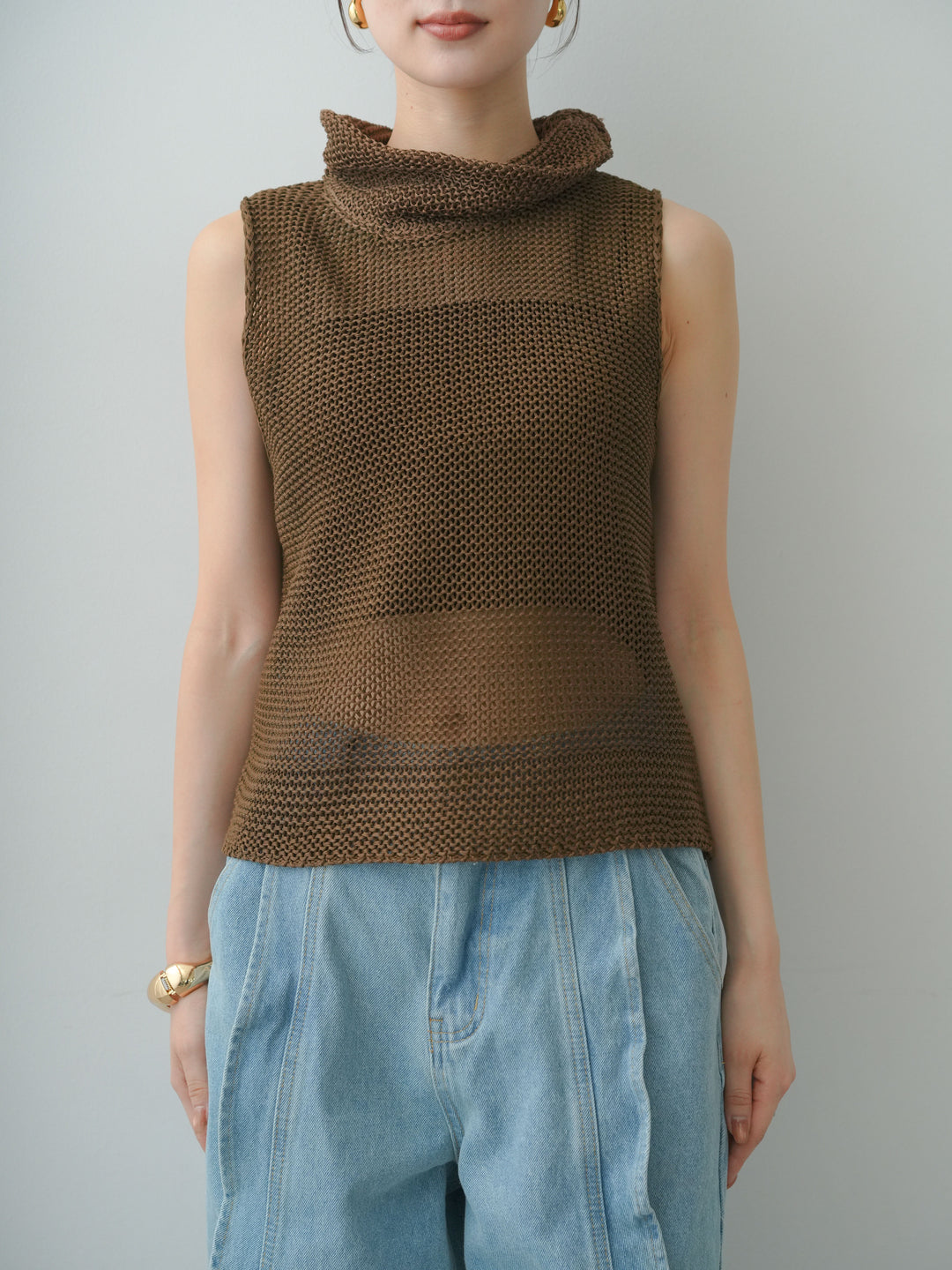 [予約]ドライタッチオフタートルメッシュニットトップス/brown
