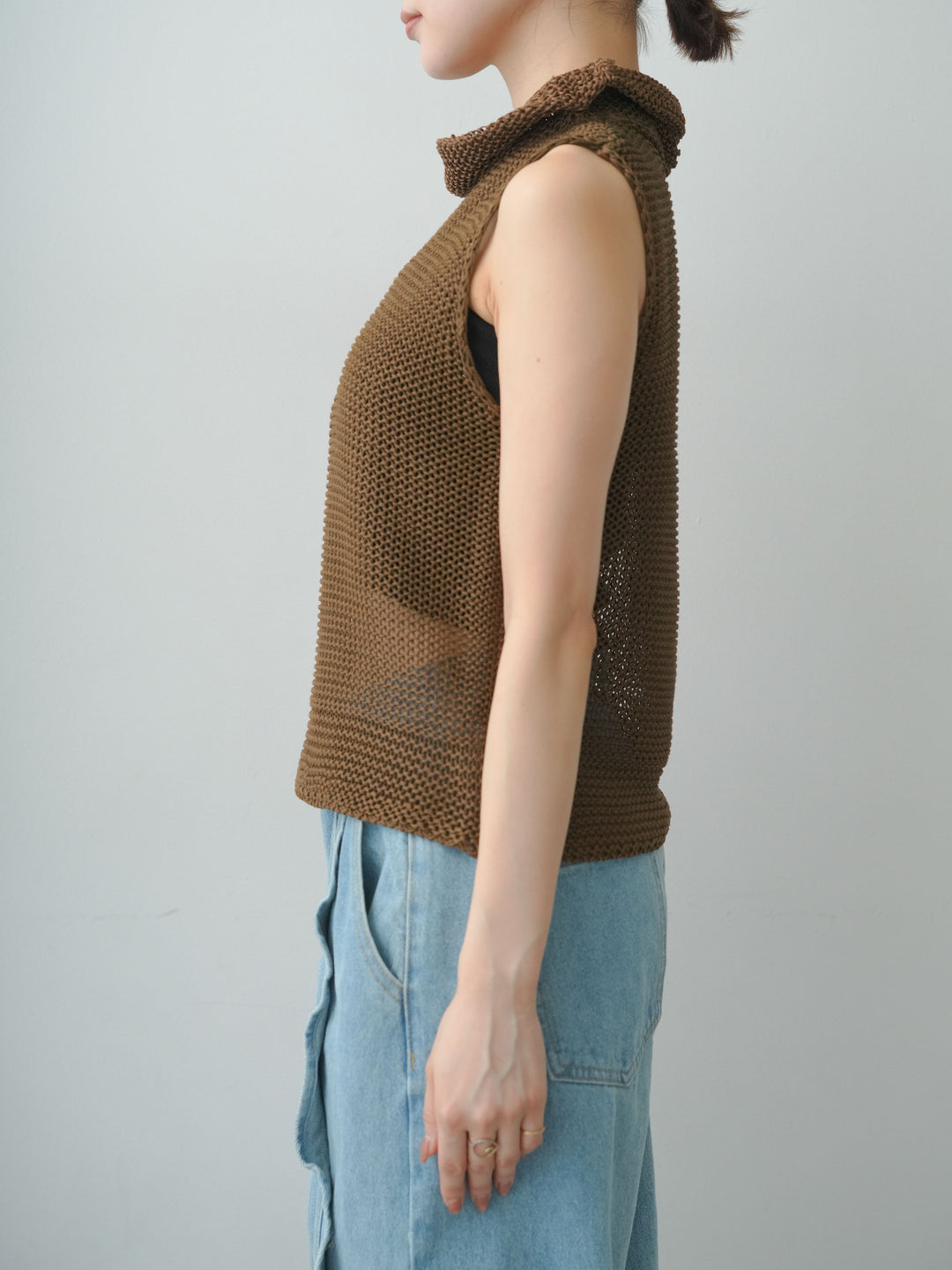 [予約]ドライタッチオフタートルメッシュニットトップス/brown