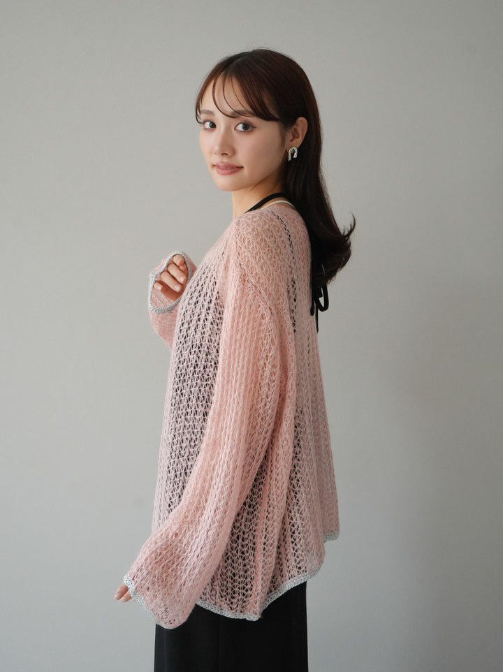 【預購】金銀絲拼色鏤空針織套頭衫/粉紅色