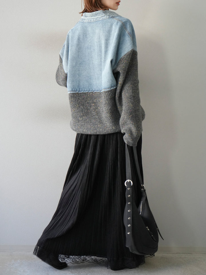 [SET]デニム切替ネップニットカーディガン+裾レーススウェードプリーツマキシスカート(2set)