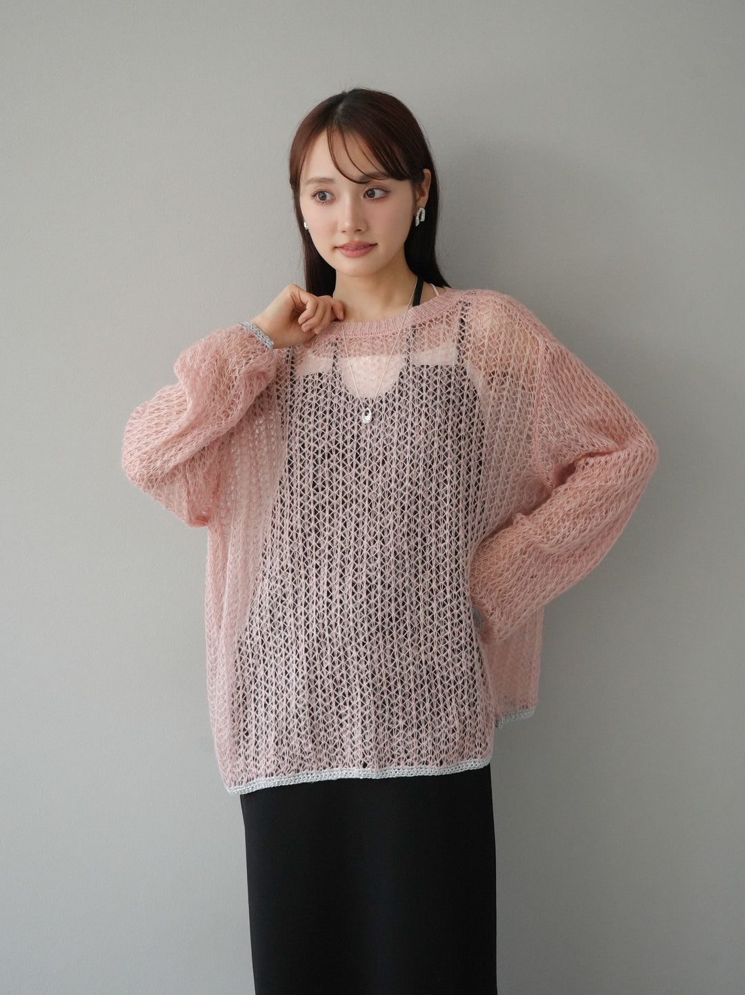 【預購】金銀絲拼色鏤空針織套頭衫/粉紅色