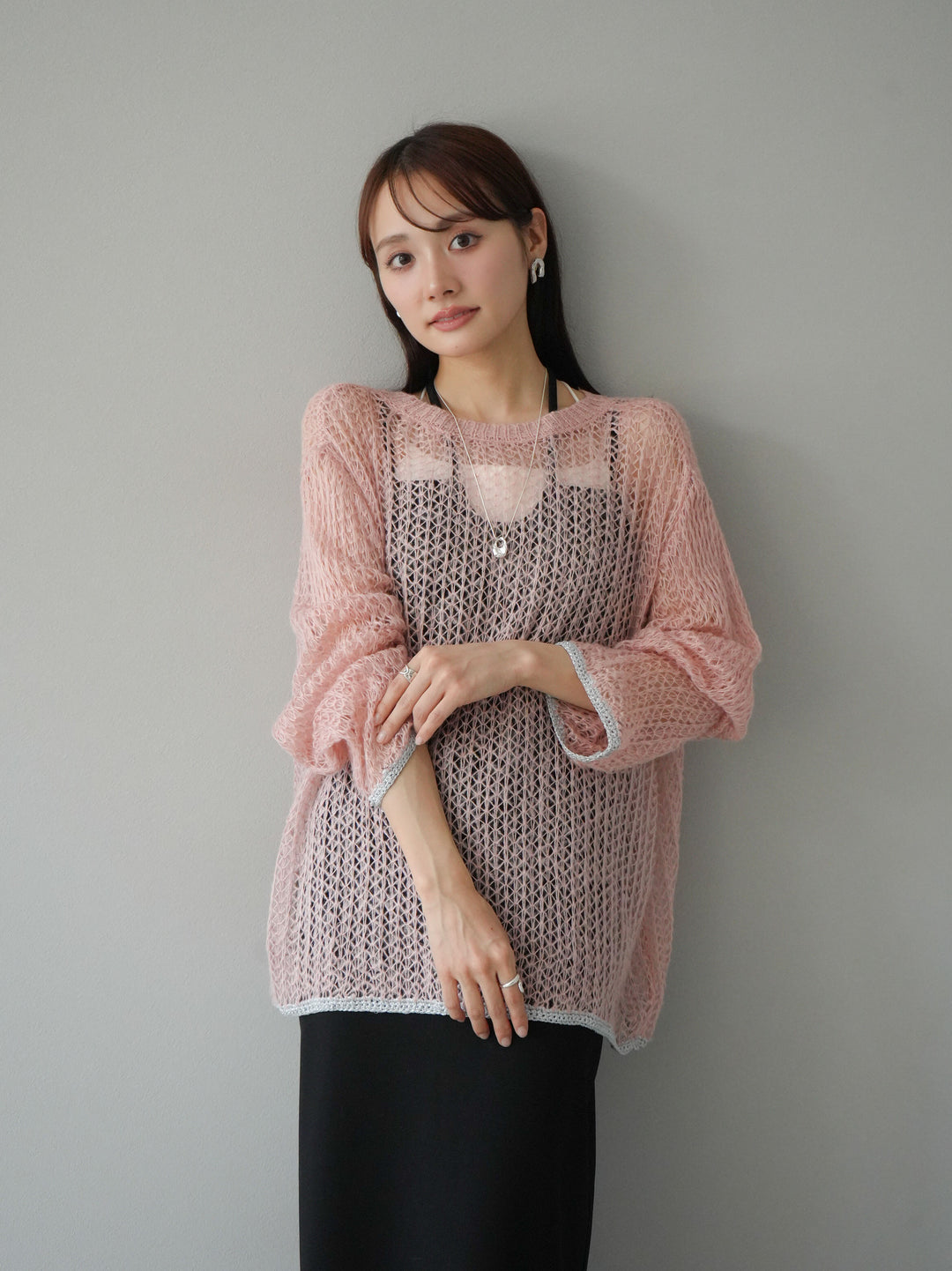 【預購】金銀絲拼色鏤空針織套頭衫/粉紅色