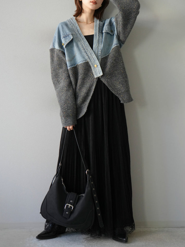 [SET]デニム切替ネップニットカーディガン+裾レーススウェードプリーツマキシスカート(2set)