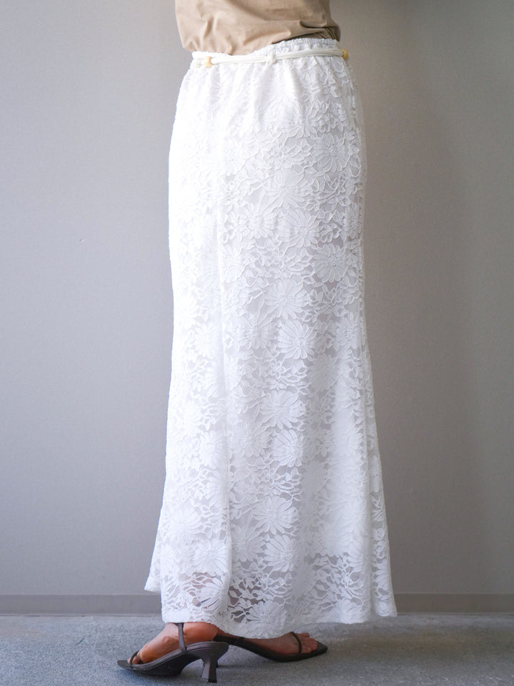 [予約]コードベルト付フラワーレーススカート/white