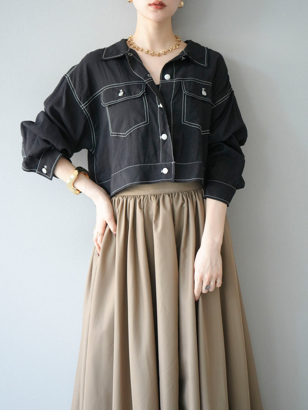 [SET] 縫合透視短外套 + 寬大蓬蓬裙 (2 套)