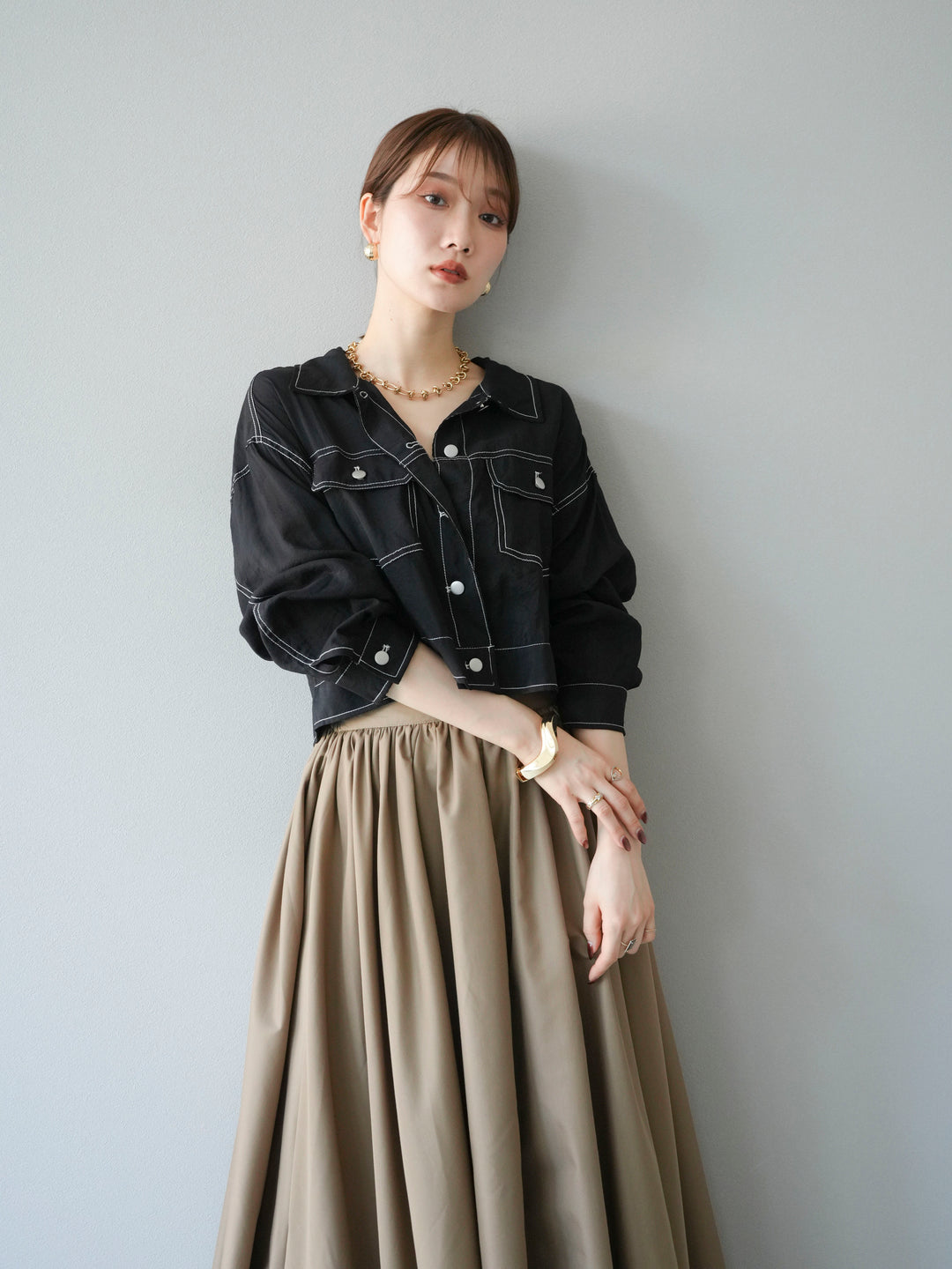 [SET] 縫合透視短外套 + 寬大蓬蓬裙 (2 套)