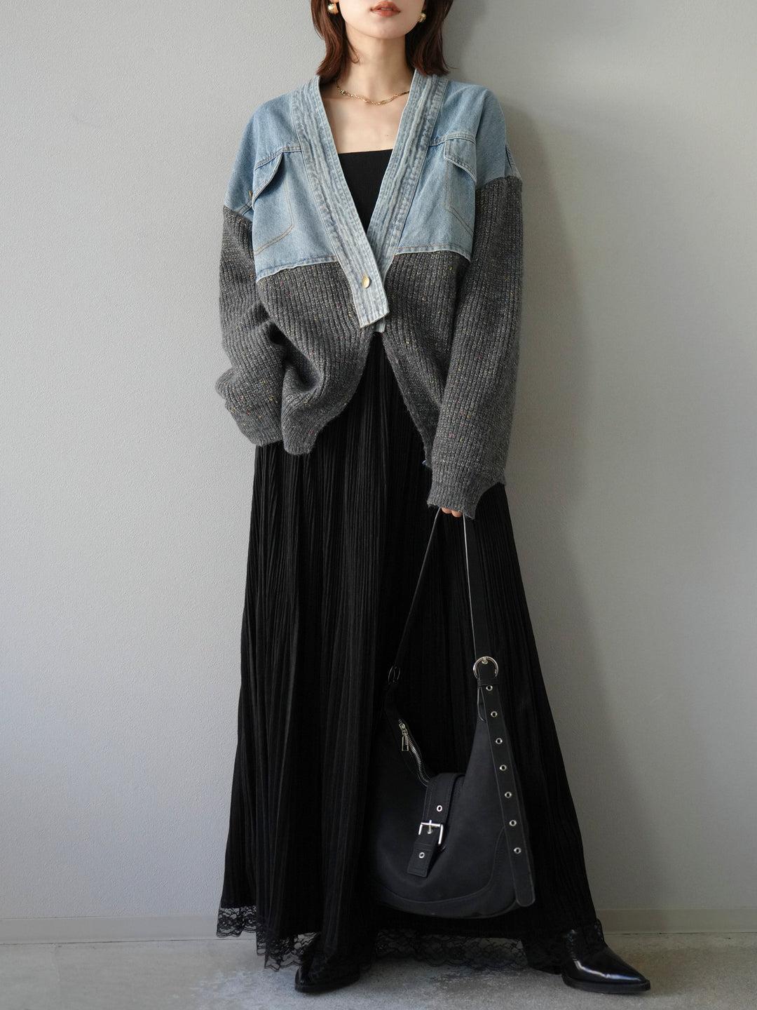 [SET]デニム切替ネップニットカーディガン+裾レーススウェードプリーツマキシスカート(2set)