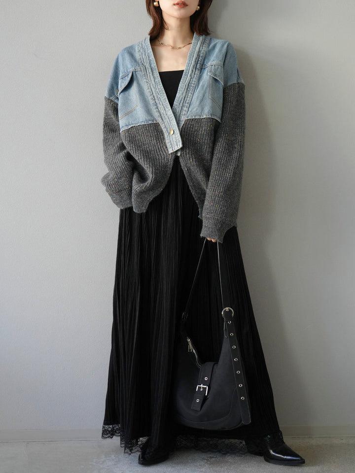 [SET]デニム切替ネップニットカーディガン+裾レーススウェードプリーツマキシスカート(2set)