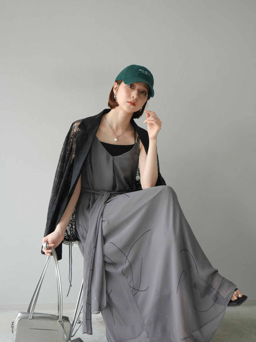 [予約]ペンタッチシフォンキャミワンピース/グレー