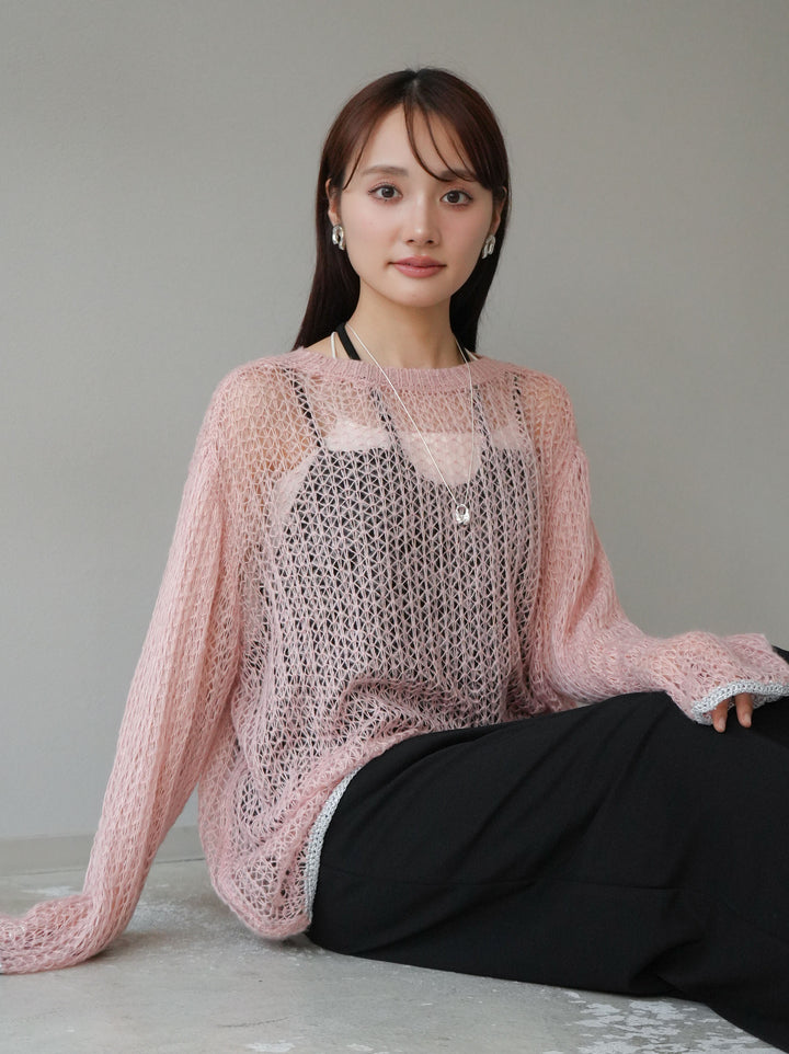 【預購】金銀絲拼色鏤空針織套頭衫/粉紅色