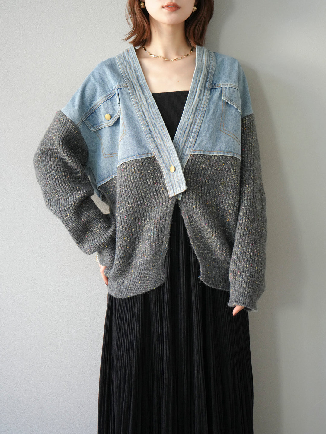 [SET]デニム切替ネップニットカーディガン+裾レーススウェードプリーツマキシスカート(2set)