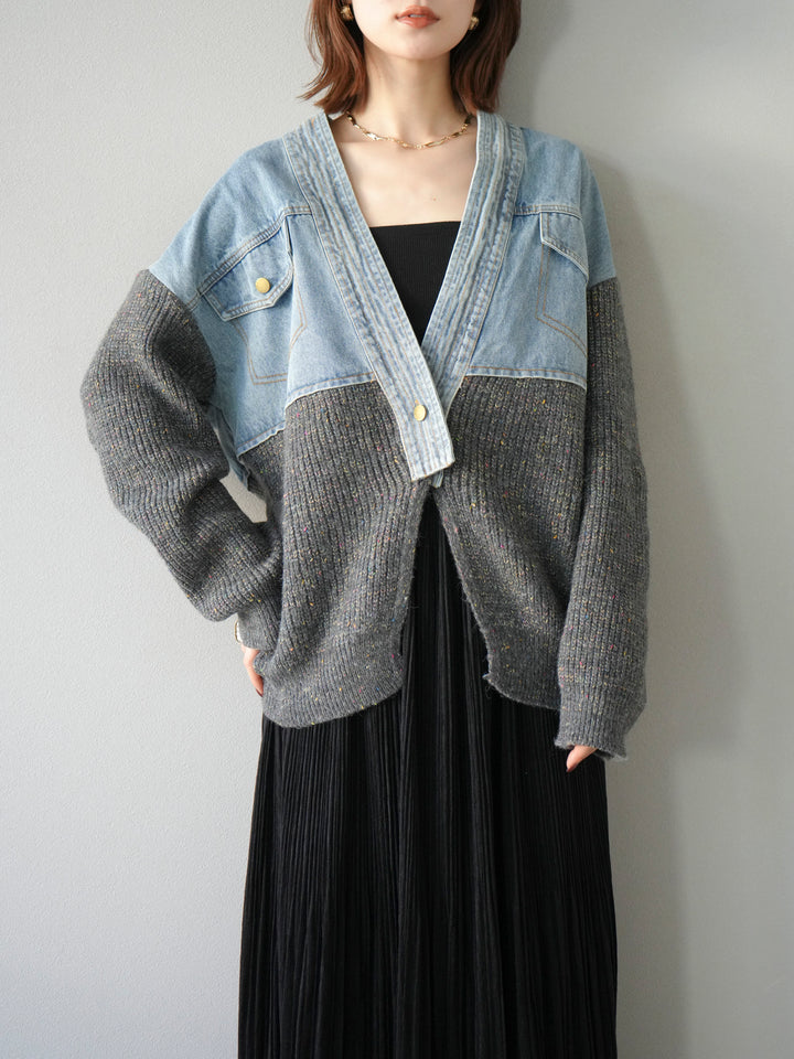 [SET]デニム切替ネップニットカーディガン+裾レーススウェードプリーツマキシスカート(2set)
