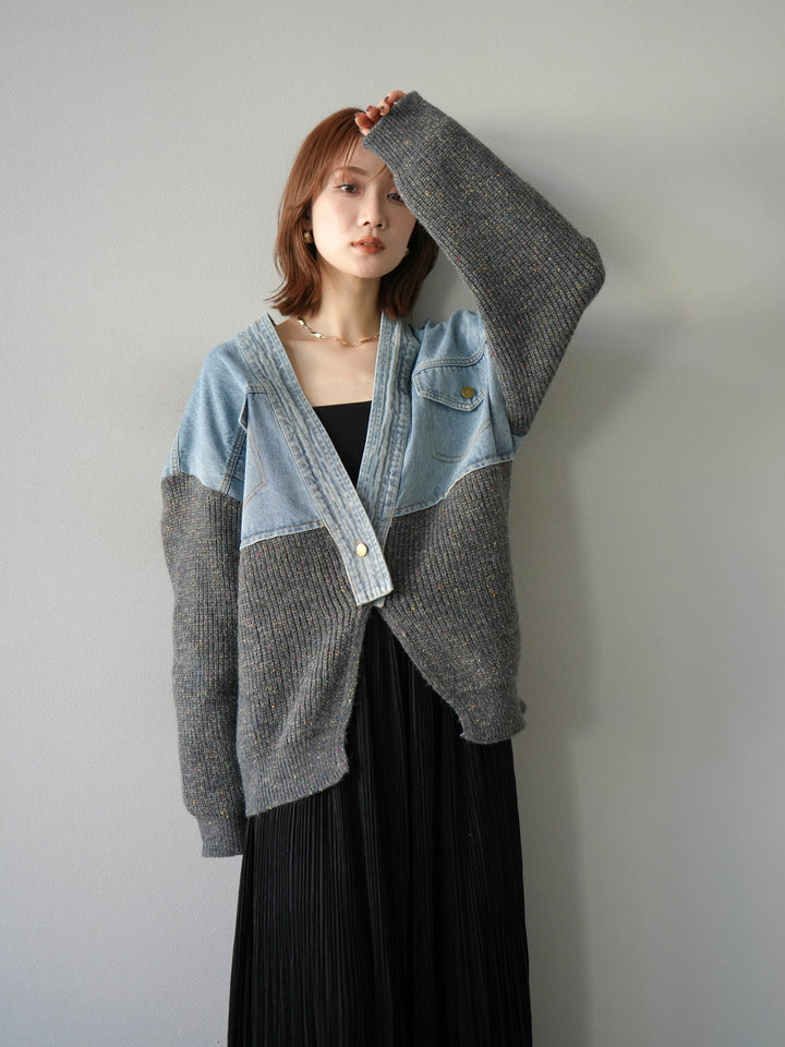 [SET]デニム切替ネップニットカーディガン+裾レーススウェードプリーツマキシスカート(2set)