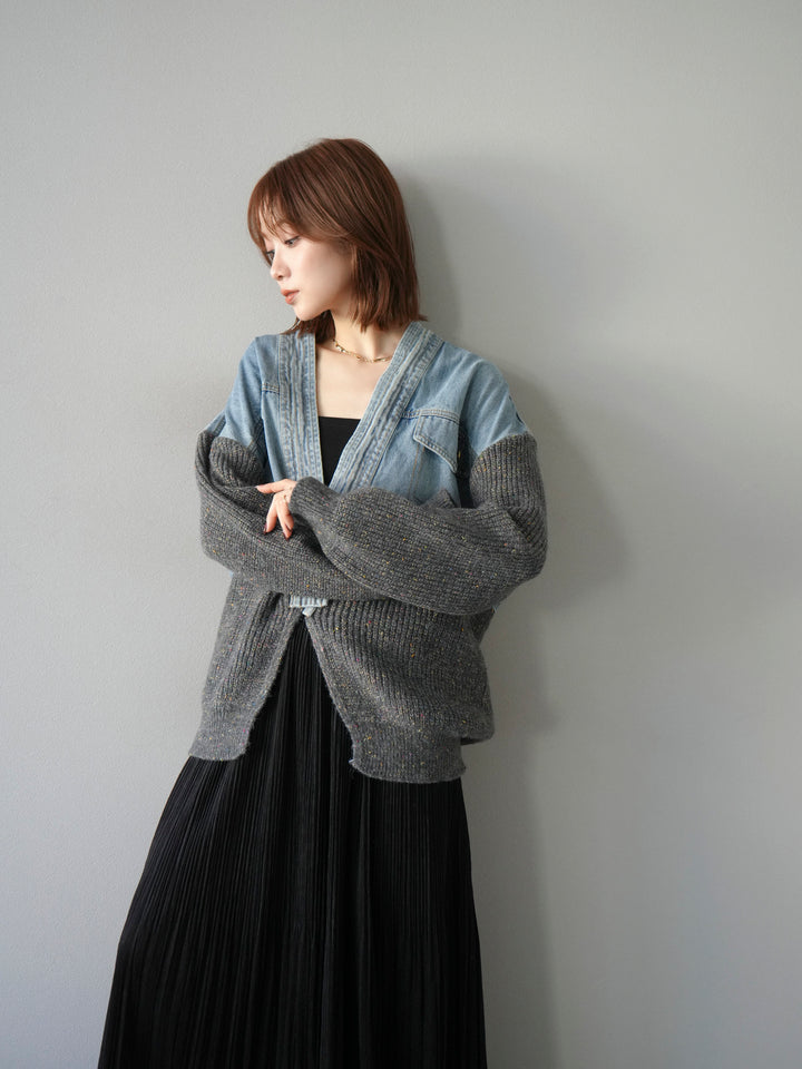 [SET]デニム切替ネップニットカーディガン+裾レーススウェードプリーツマキシスカート(2set)