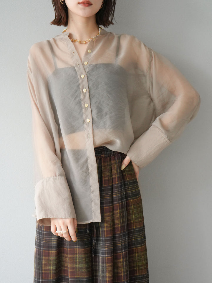 [SET] 亮面透視立領襯衫 + 亮面透視立領襯衫 (2 件套)