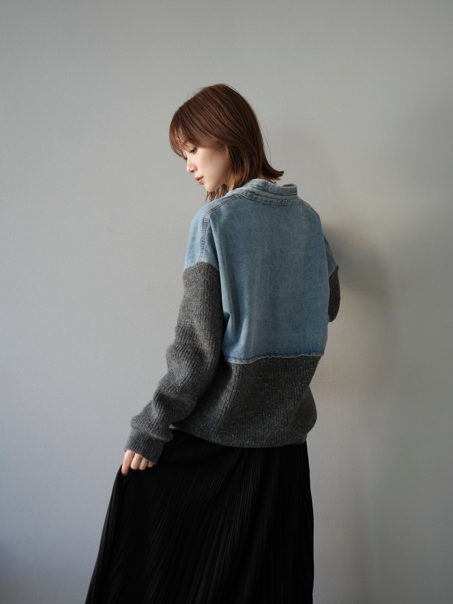 【2点セット】lumier デニムニットカーデ+裾レーススカート SET]デニム切替ネップニットカーディガン+裾レーススウェードプリーツ