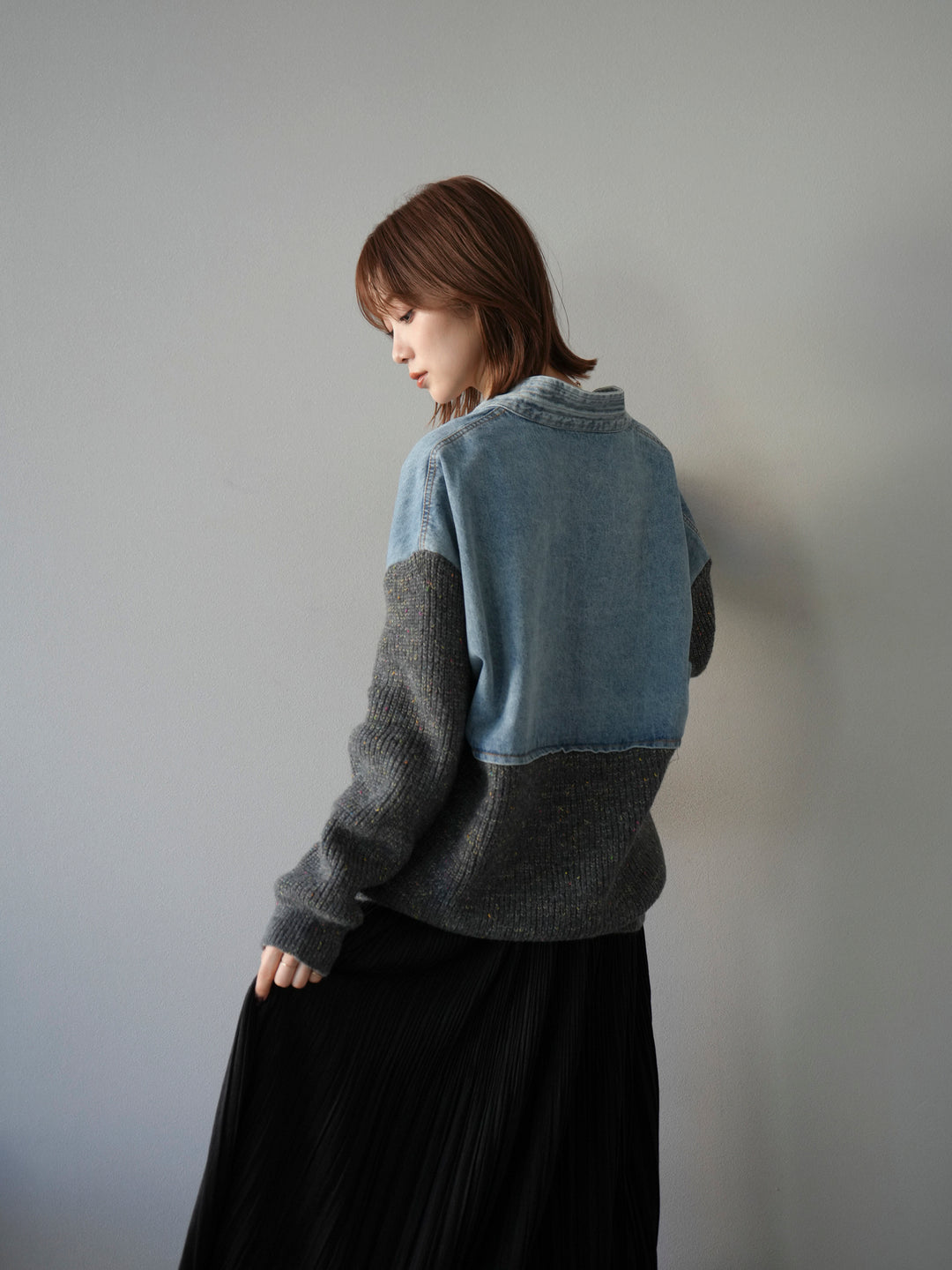 [SET]デニム切替ネップニットカーディガン+裾レーススウェードプリーツマキシスカート(2set)