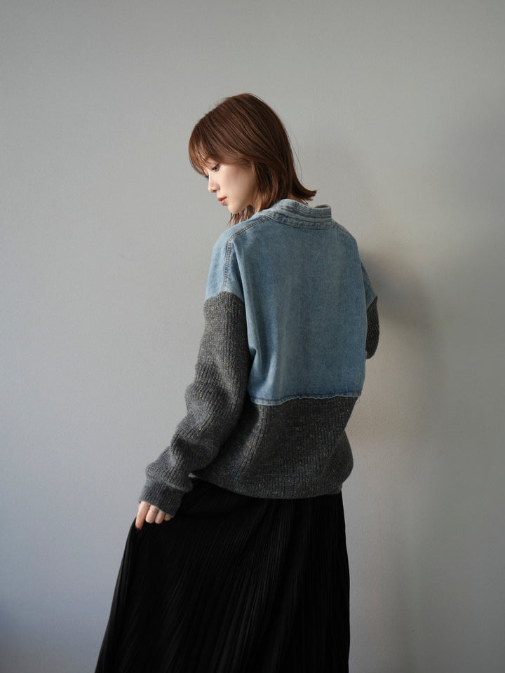 [SET]デニム切替ネップニットカーディガン+裾レーススウェードプリーツマキシスカート(2set)