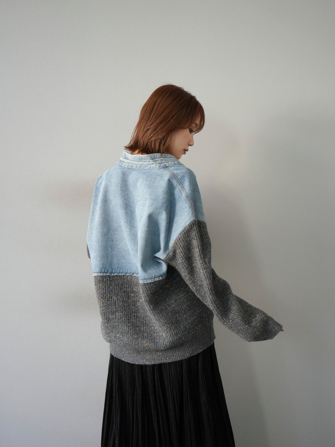 [SET]デニム切替ネップニットカーディガン+裾レーススウェードプリーツマキシスカート(2set)