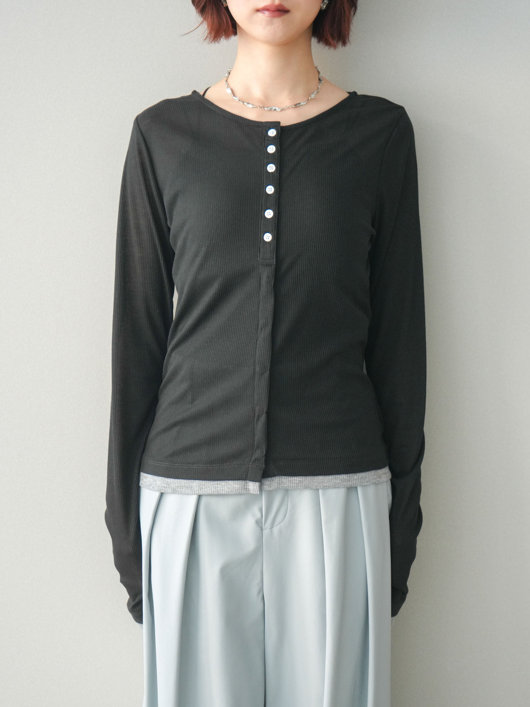 [予約]シアーリブバイカラーカーディガン/black