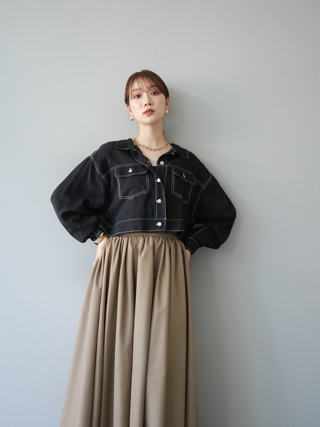 [SET] 縫合透視短外套 + 寬大蓬蓬裙 (2 套)