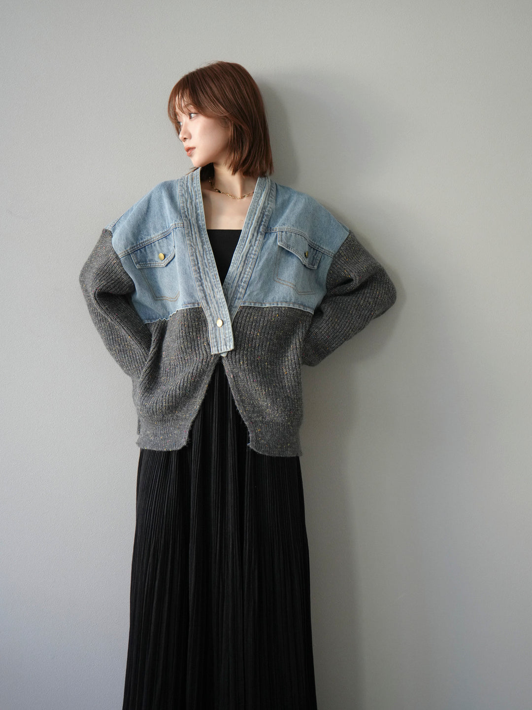 [SET]デニム切替ネップニットカーディガン+裾レーススウェードプリーツマキシスカート(2set)