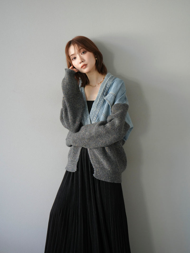 [SET]デニム切替ネップニットカーディガン+裾レーススウェードプリーツマキシスカート(2set)