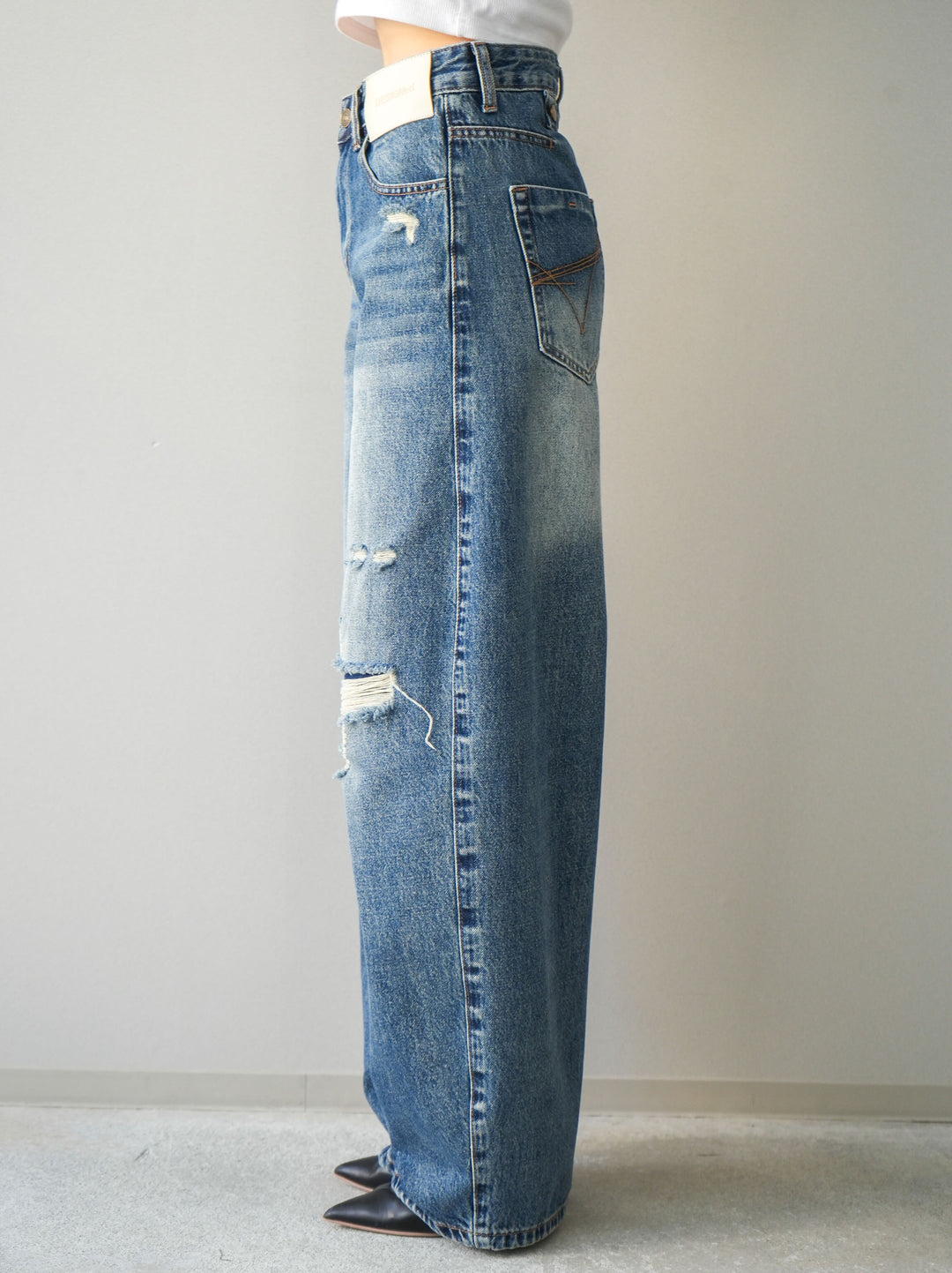 [予約]ダメージデニムセミワイドパンツ/blue