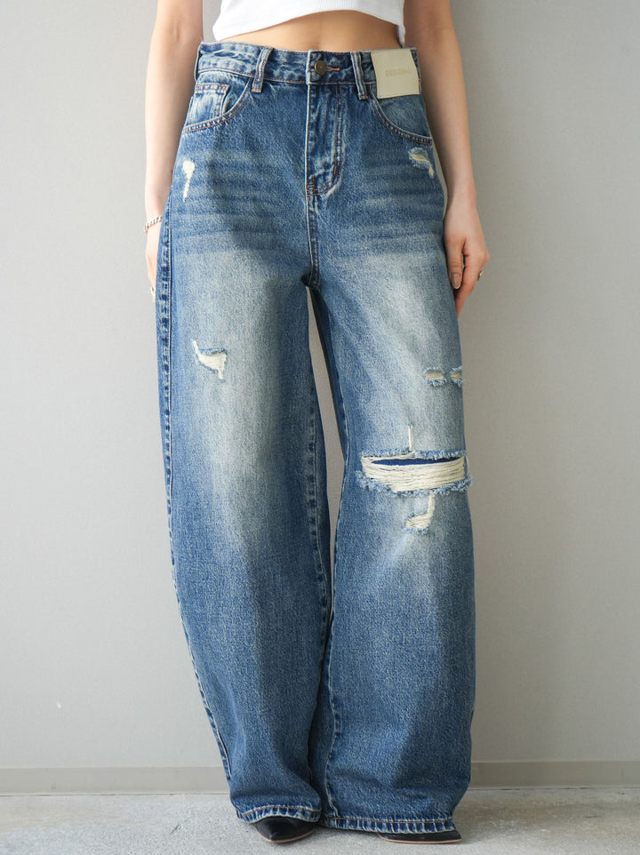 [予約]ダメージデニムセミワイドパンツ/blue