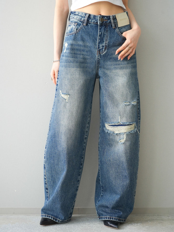 [予約]ダメージデニムセミワイドパンツ/blue