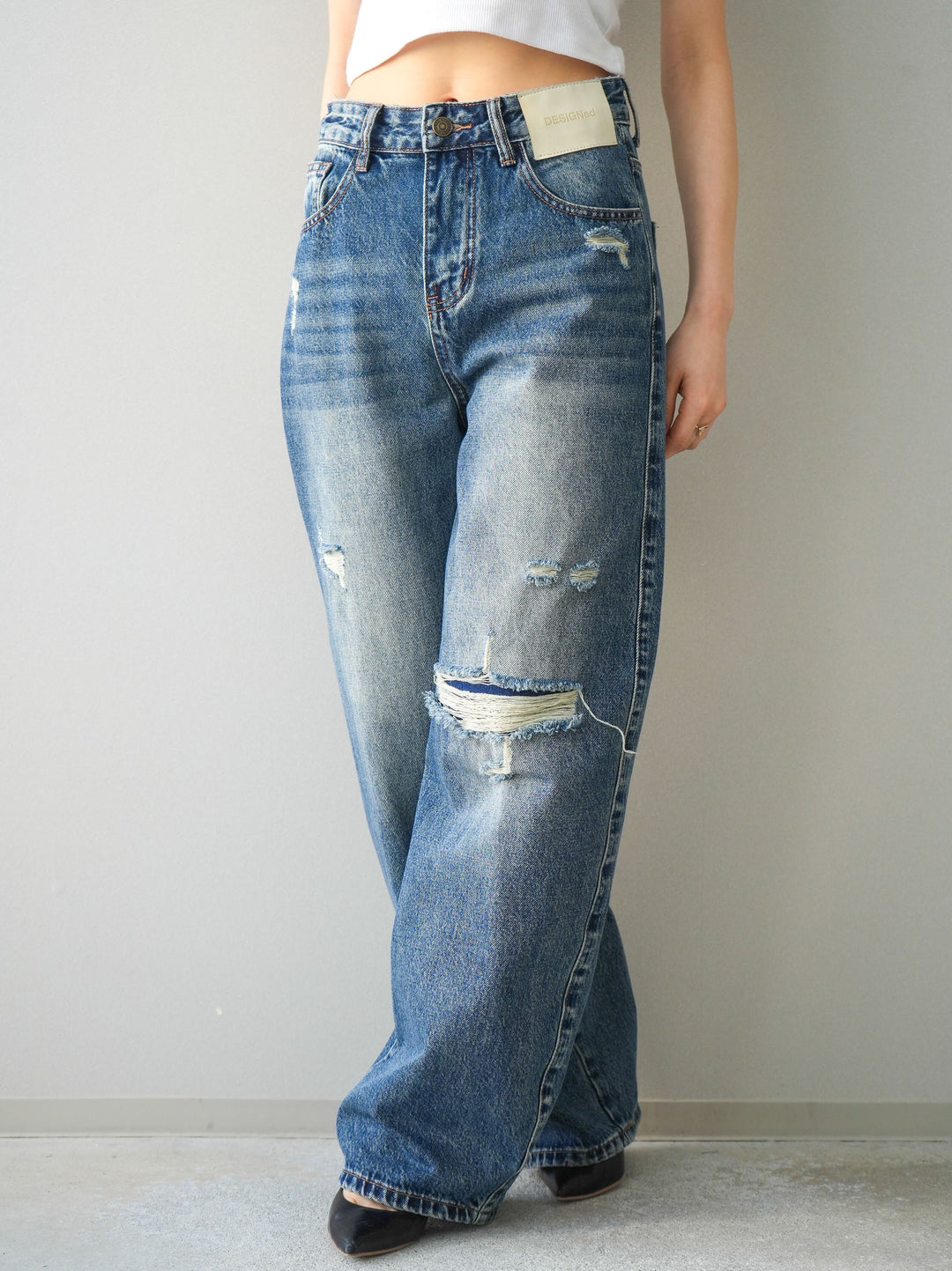 [予約]ダメージデニムセミワイドパンツ/blue