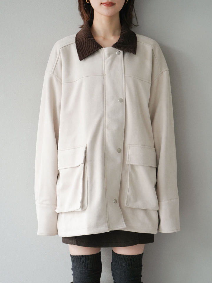 [予約]コーデュロイ襟スウェードミドルジャケット /エクリュ