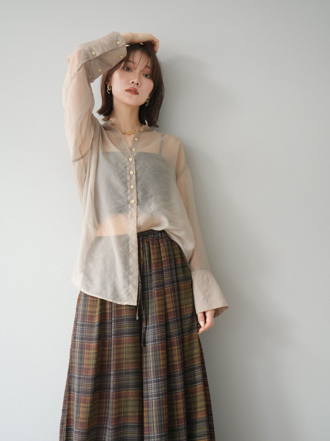 [SET] 亮面透視立領襯衫 + 亮面透視立領襯衫 (2 件套)