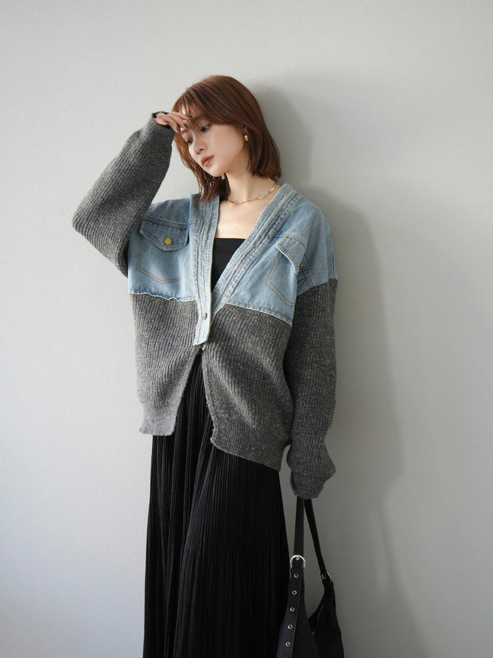 [SET]デニム切替ネップニットカーディガン+裾レーススウェードプリーツマキシスカート(2set)