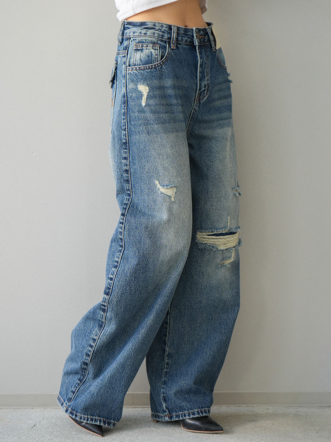 [予約]ダメージデニムセミワイドパンツ/blue