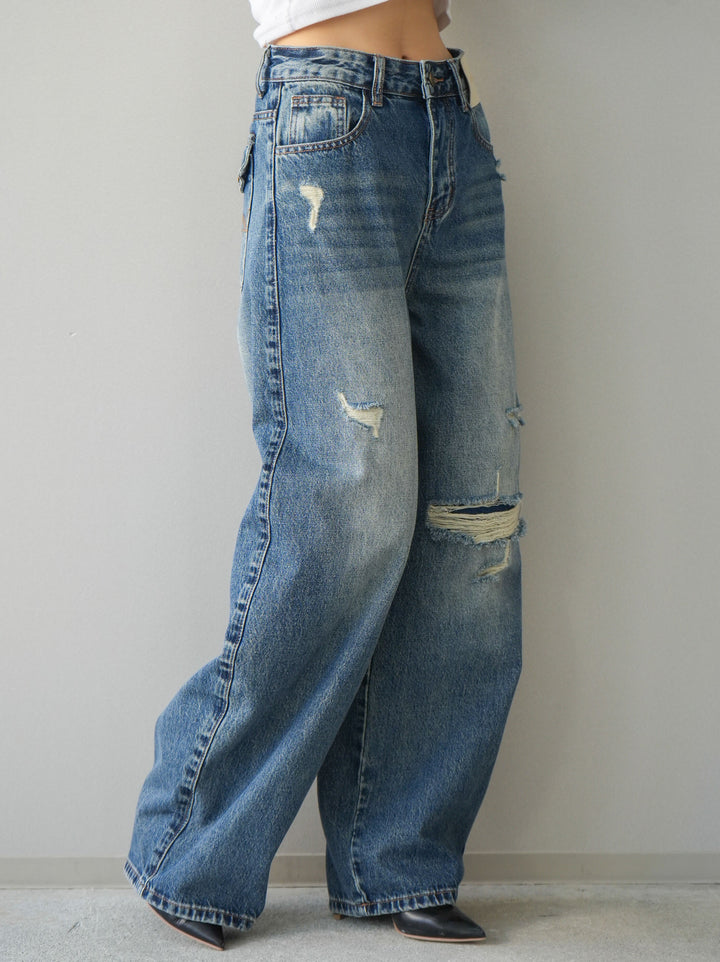 [予約]ダメージデニムセミワイドパンツ/blue