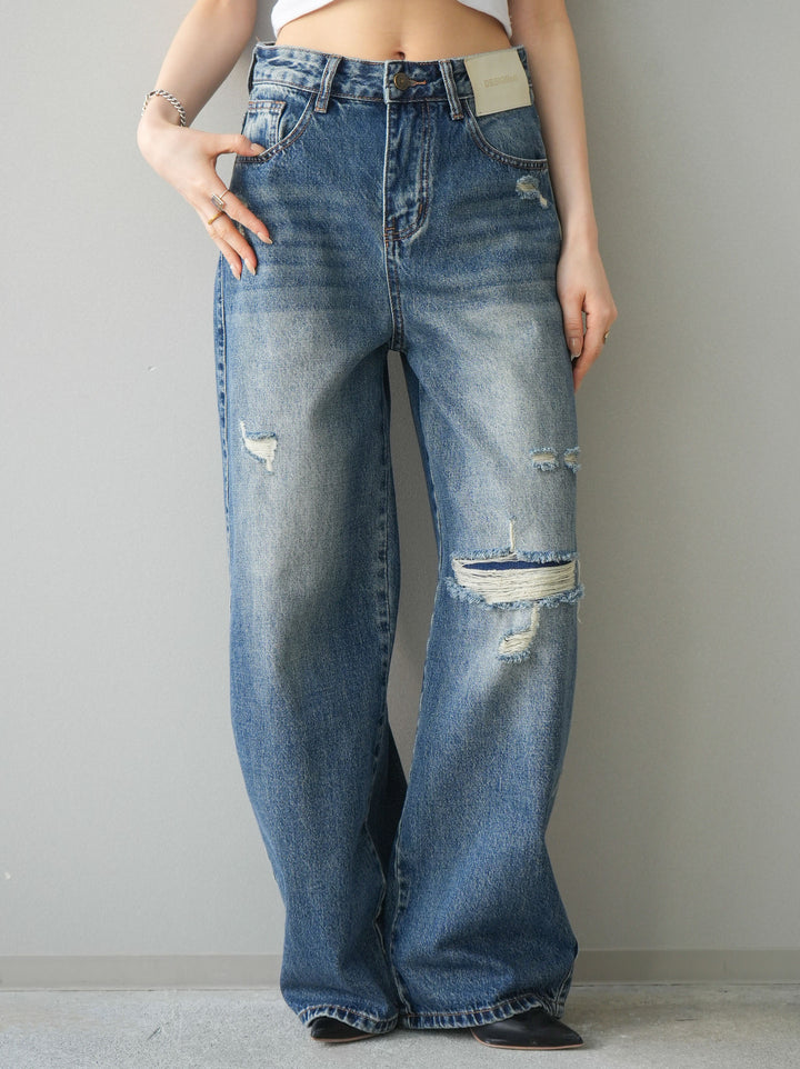 [予約]ダメージデニムセミワイドパンツ/blue