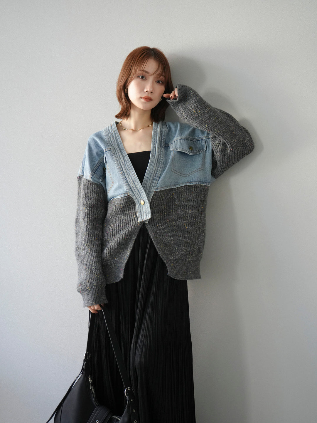 [SET]デニム切替ネップニットカーディガン+裾レーススウェードプリーツマキシスカート(2set)
