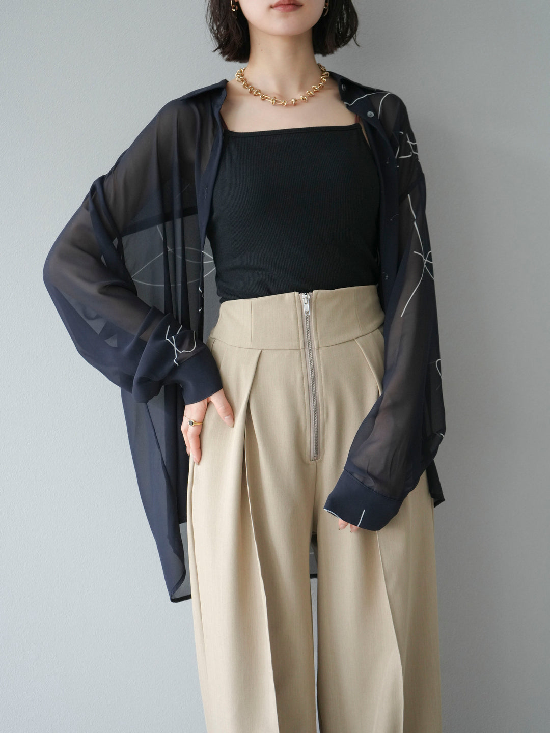 [予約]ペンタッチシフォンシャツ/ブラック