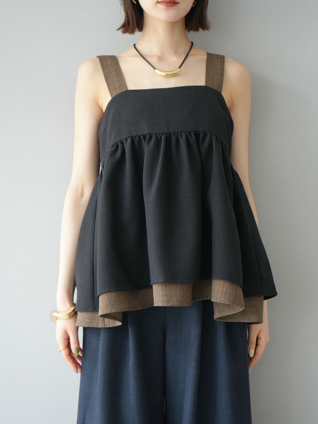 [予約]リネンライク配色フレアタンクトップ/ブラック