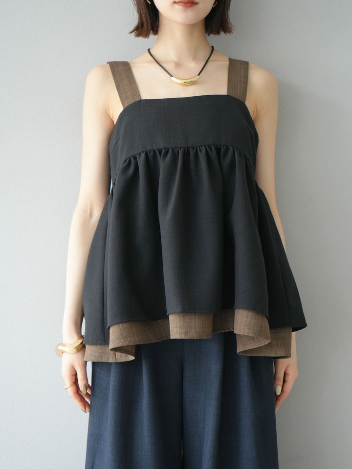 [予約]リネンライク配色フレアタンクトップ/ブラック