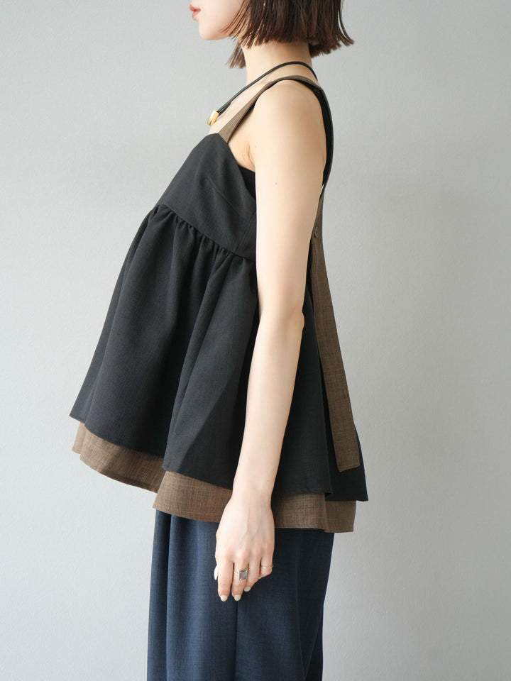 [予約]リネンライク配色フレアタンクトップ/ブラック