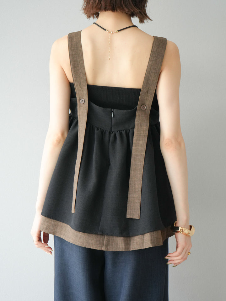 [予約]リネンライク配色フレアタンクトップ/ブラック