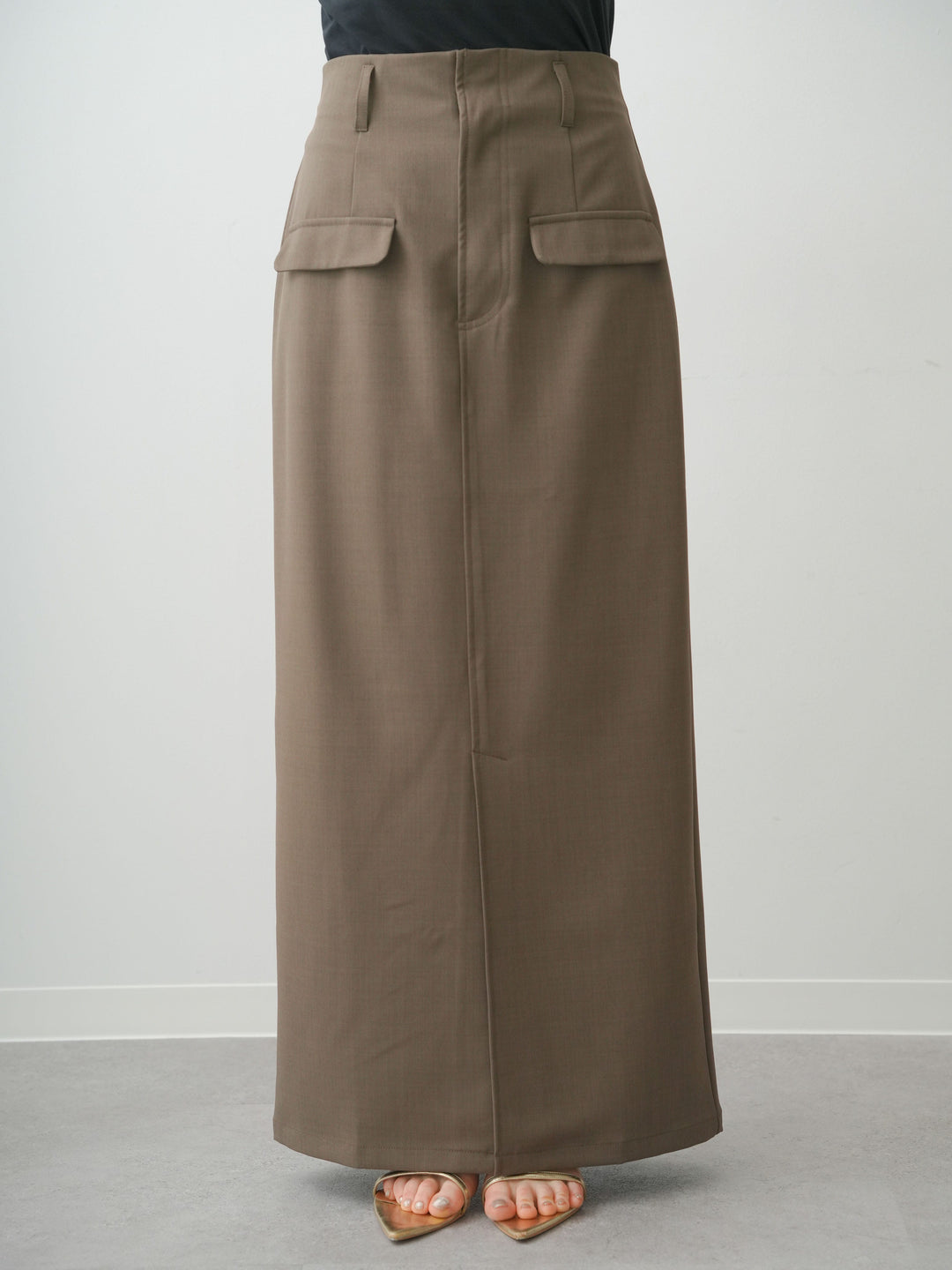 [予約]クレープデシンフラップ付きストレートスカート/brown