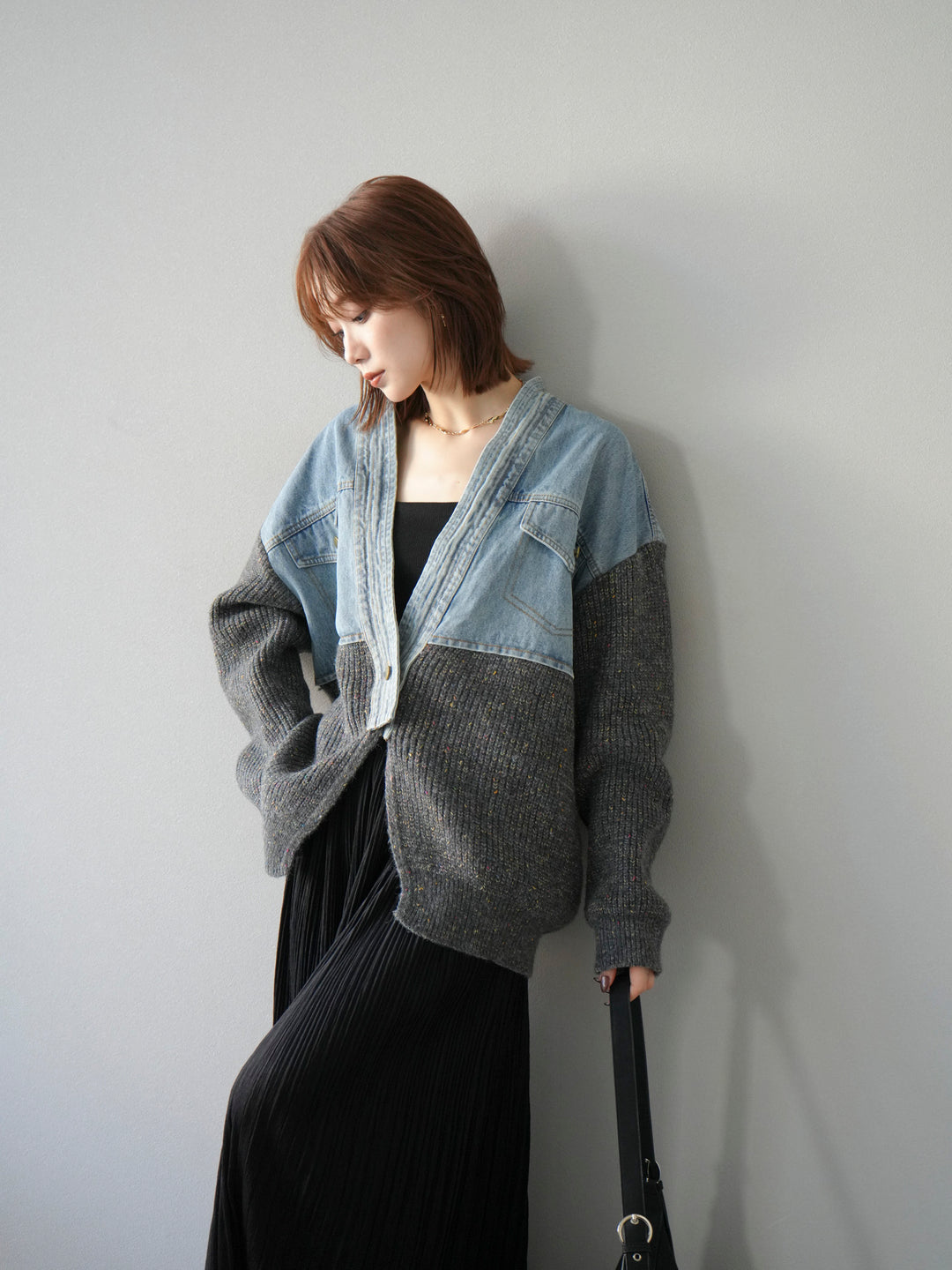 [SET]デニム切替ネップニットカーディガン+裾レーススウェードプリーツマキシスカート(2set)